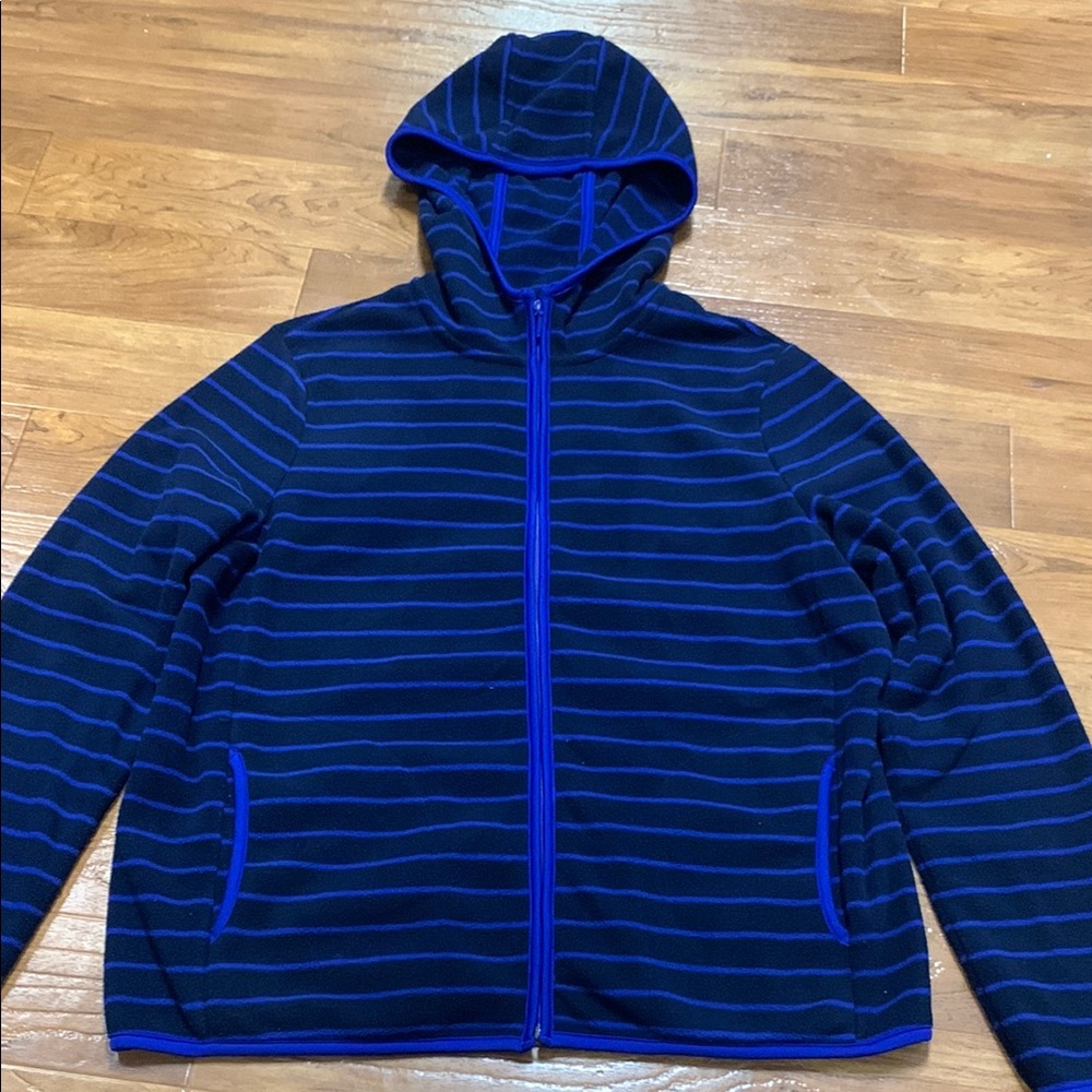 Uniqlo Striped Navy & Royal Blue Fleece Hooded Zip Jacket